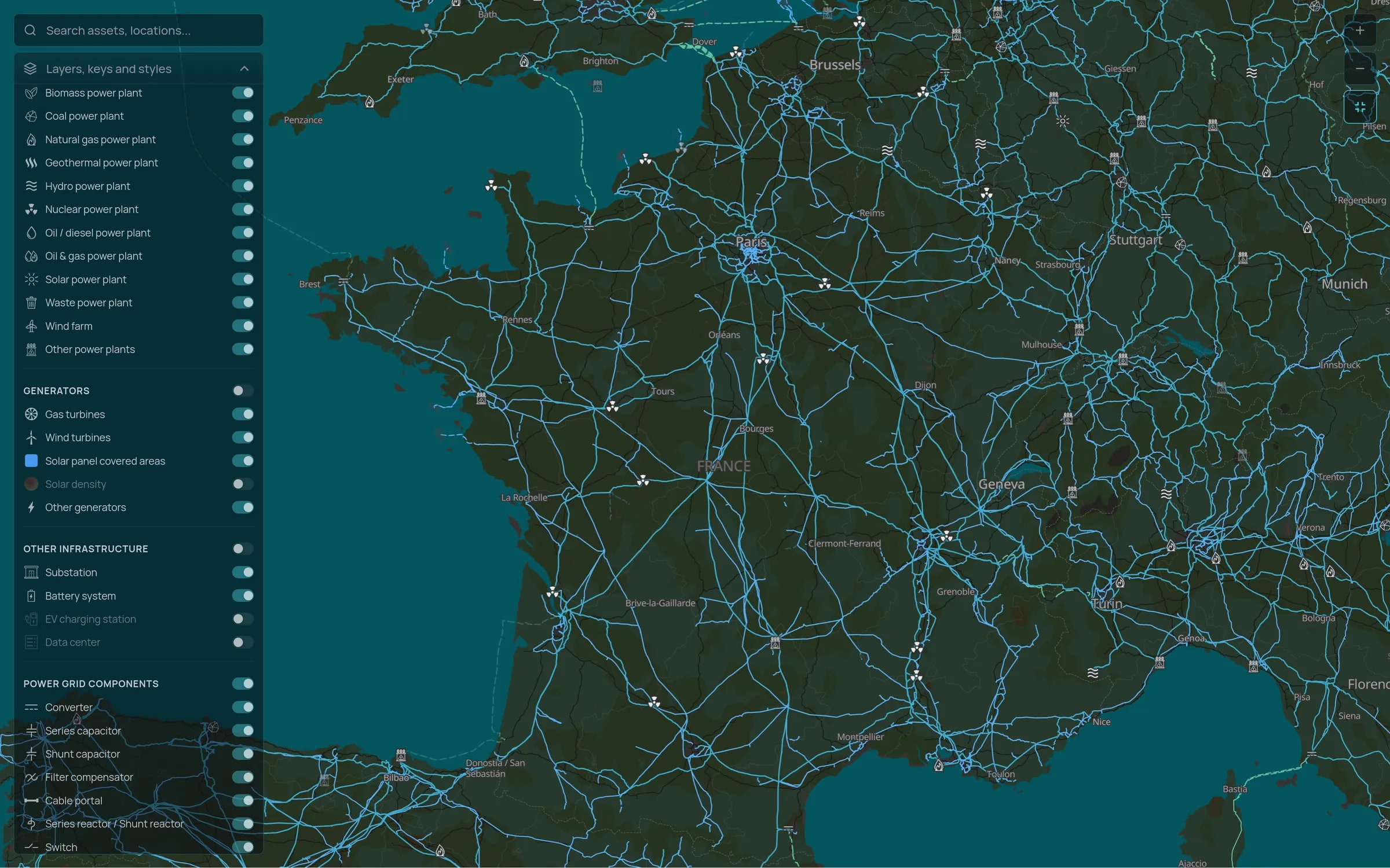 Tera power grid map of France with the layers panel open: the transmission network radiating from Paris, nuclear power stations along the Loire, the Rhône and the coasts, and cross-border links to the United Kingdom, Belgium, Germany, Switzerland, Italy and Spain