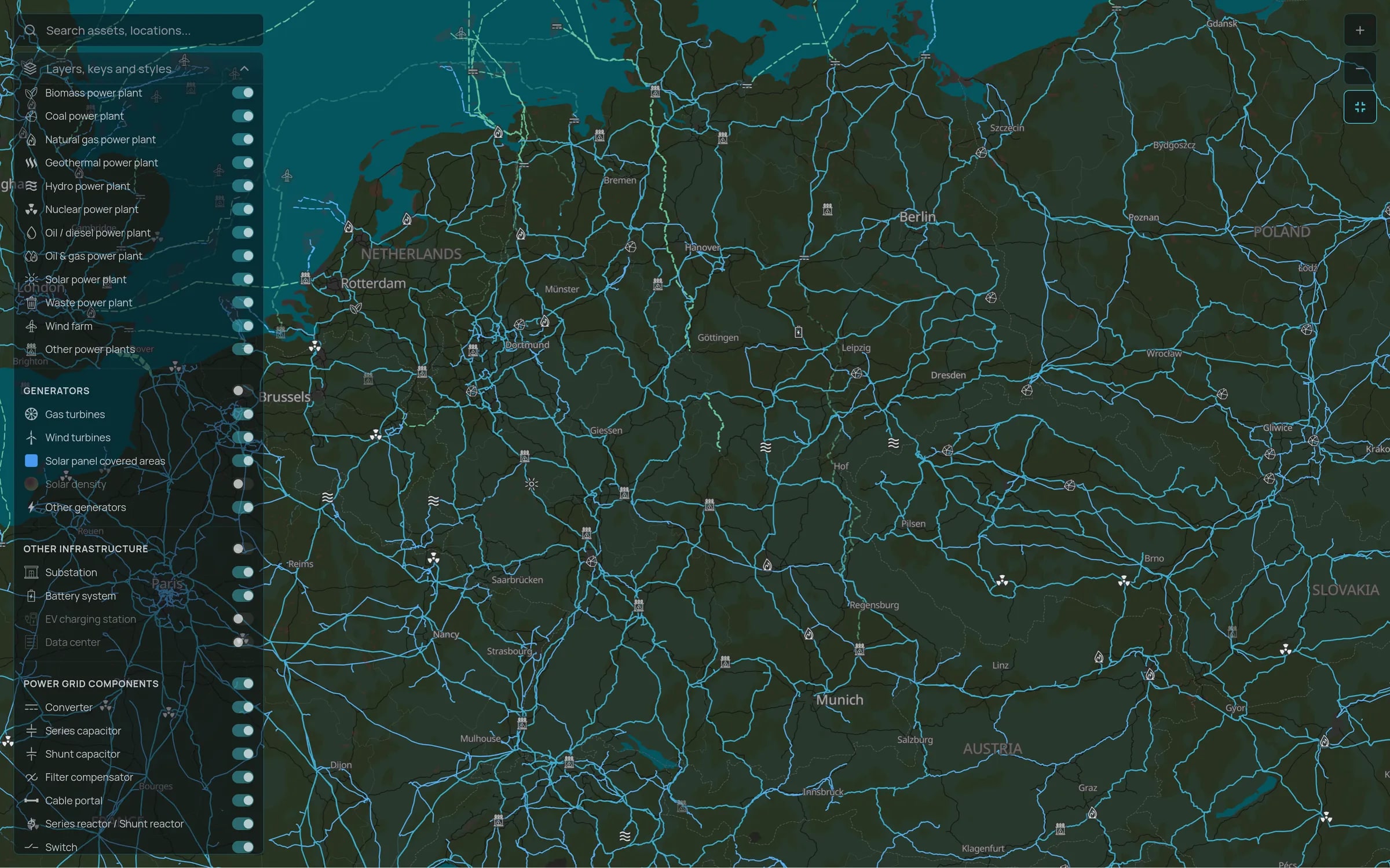 Tera power grid map of Germany and its neighbours with the layers panel open: the high voltage transmission network from the North Sea coast to the Alps, offshore wind connections in the North Sea, and nuclear, hydro, gas and wind plants marked across the country