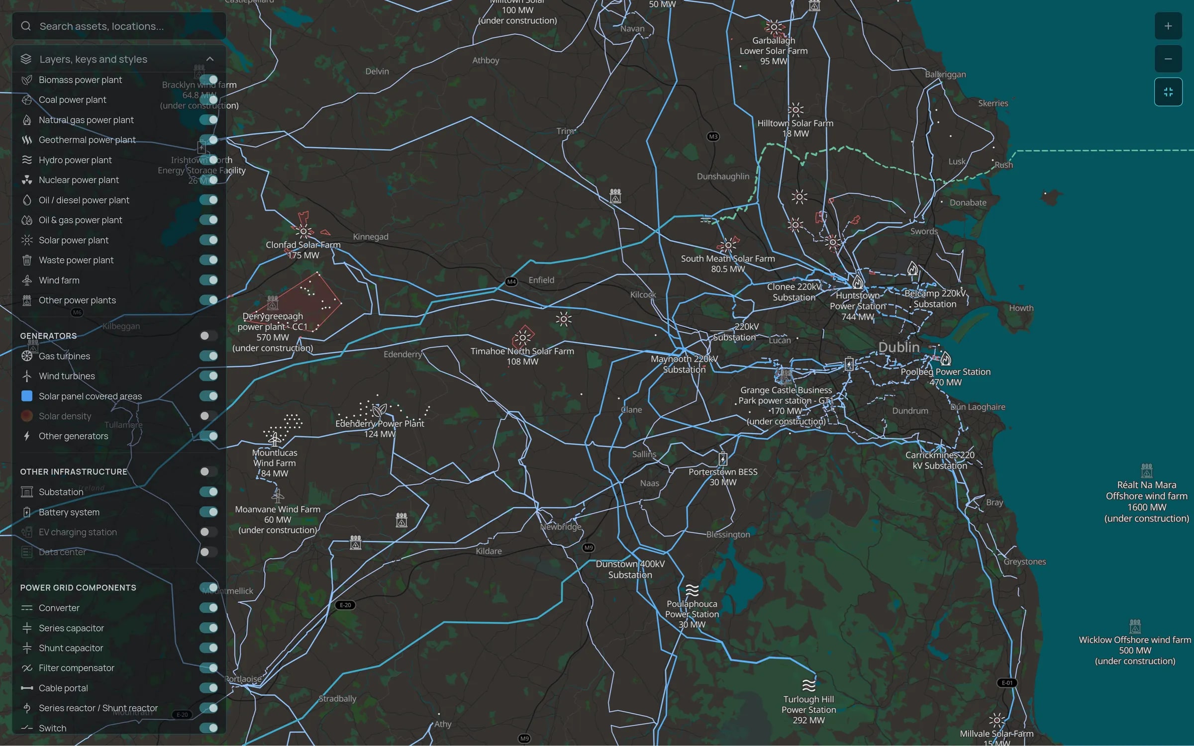 Tera power grid map of the Dublin region with the layers panel open: 220 kV and 400 kV substations such as Clonee, Maynooth and Dunstown, solar farms, battery storage and gas power stations labelled with their capacity, and offshore wind farms under construction off the east coast