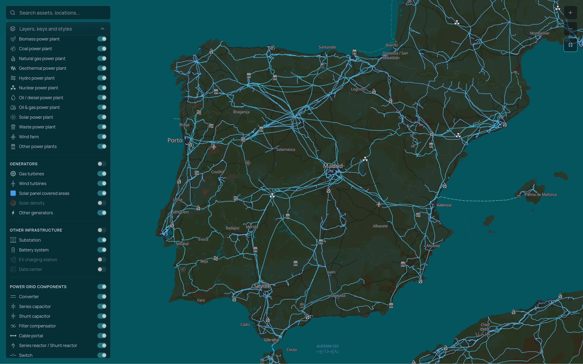 Tera power grid map of the Iberian Peninsula with the layers panel open: Spain's transmission network converging on Madrid, power plants by technology across the country, and the subsea link to Mallorca