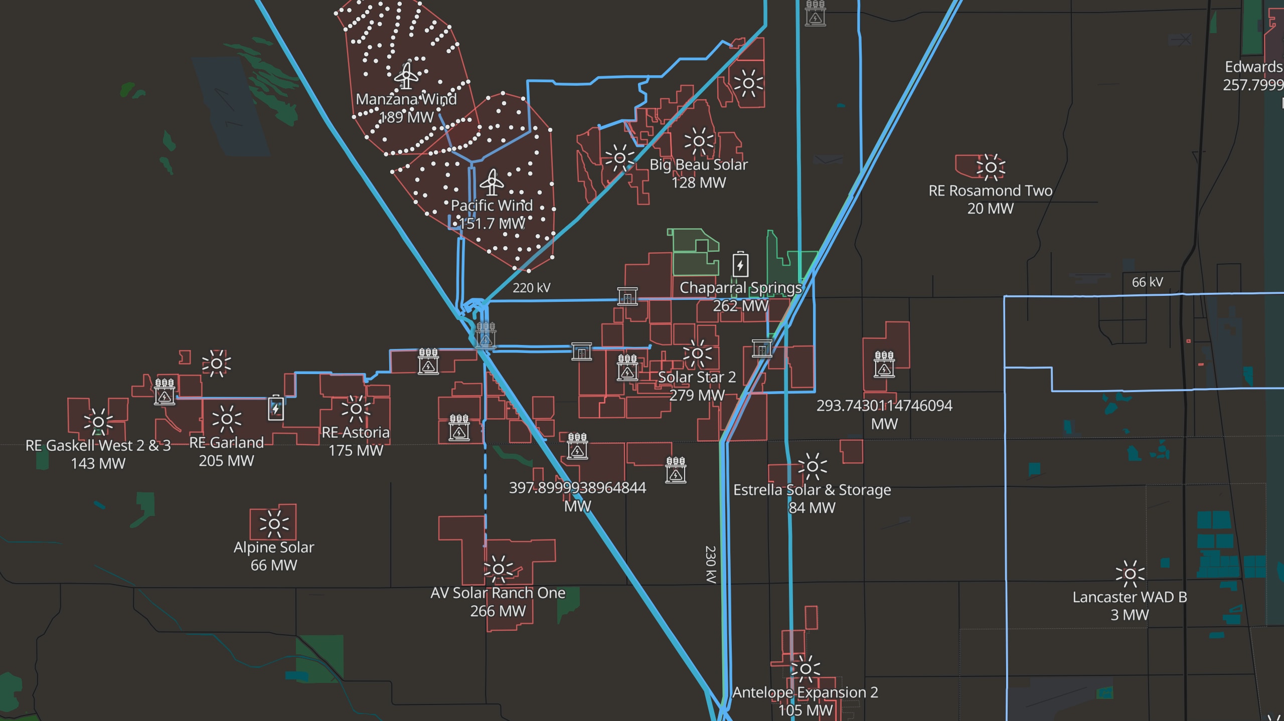 Antelope Valley California map showing solar farms, wind farms and battery storage connected by 66 kV to 230 kV lines