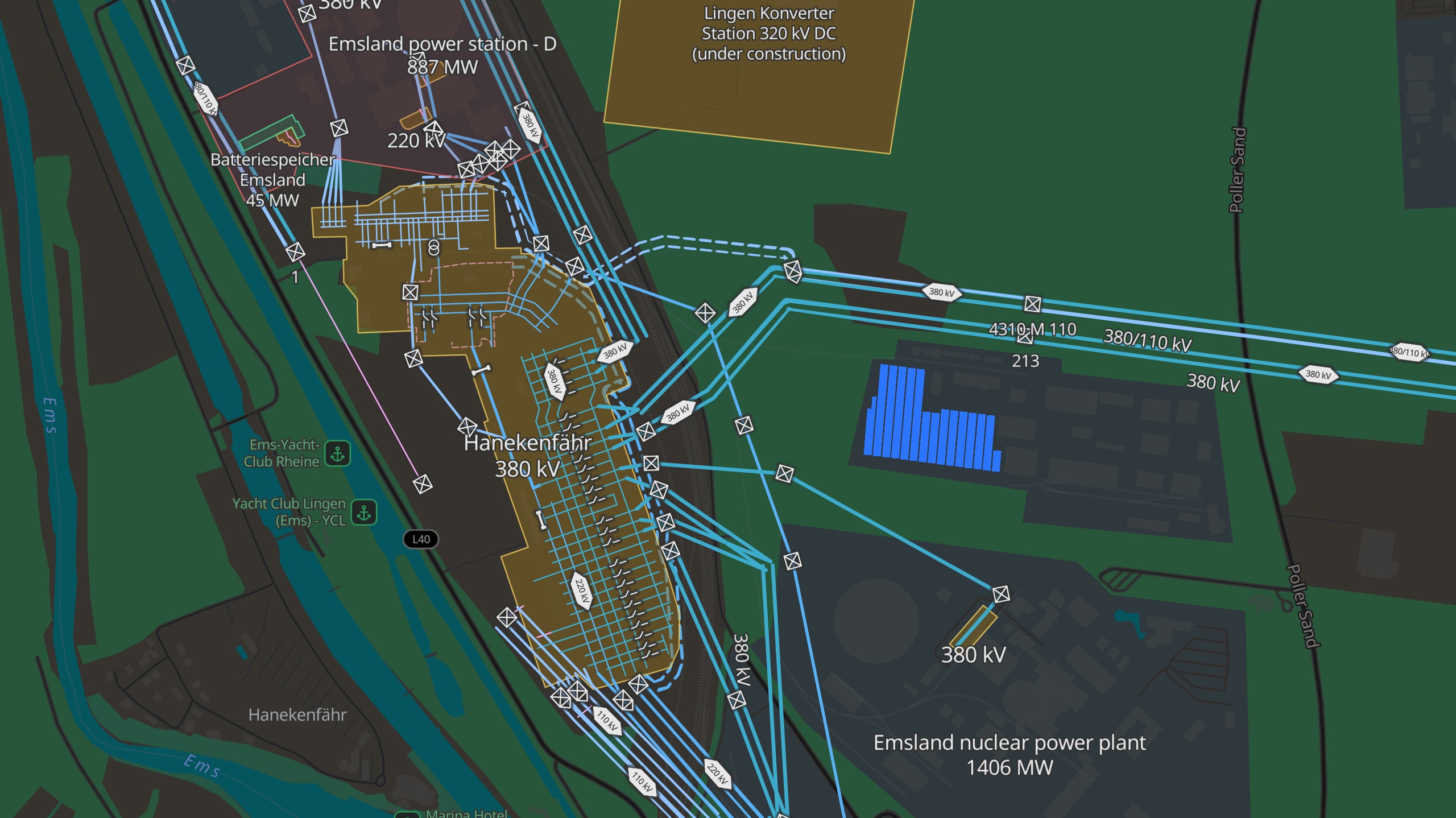 Emsland Germany map showing a nuclear power plant, a gas power station, battery storage and the 380 kV Hanekenfähr substation