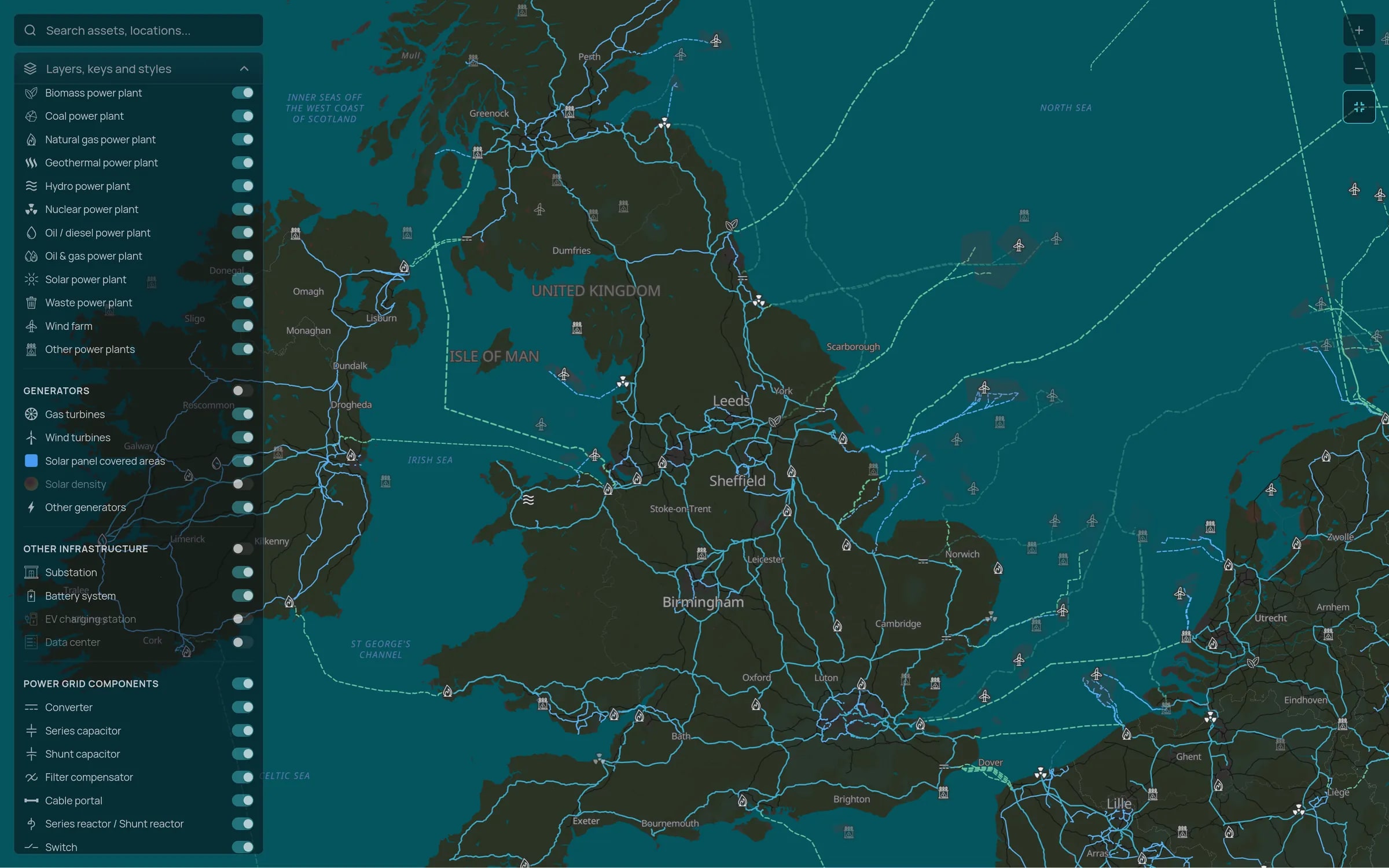 Tera power grid map of England, Wales, southern Scotland and Ireland with the layers panel open: the transmission network linking the main cities, offshore wind farms and their export cables in the North Sea and Irish Sea, and interconnectors to Ireland and the continent