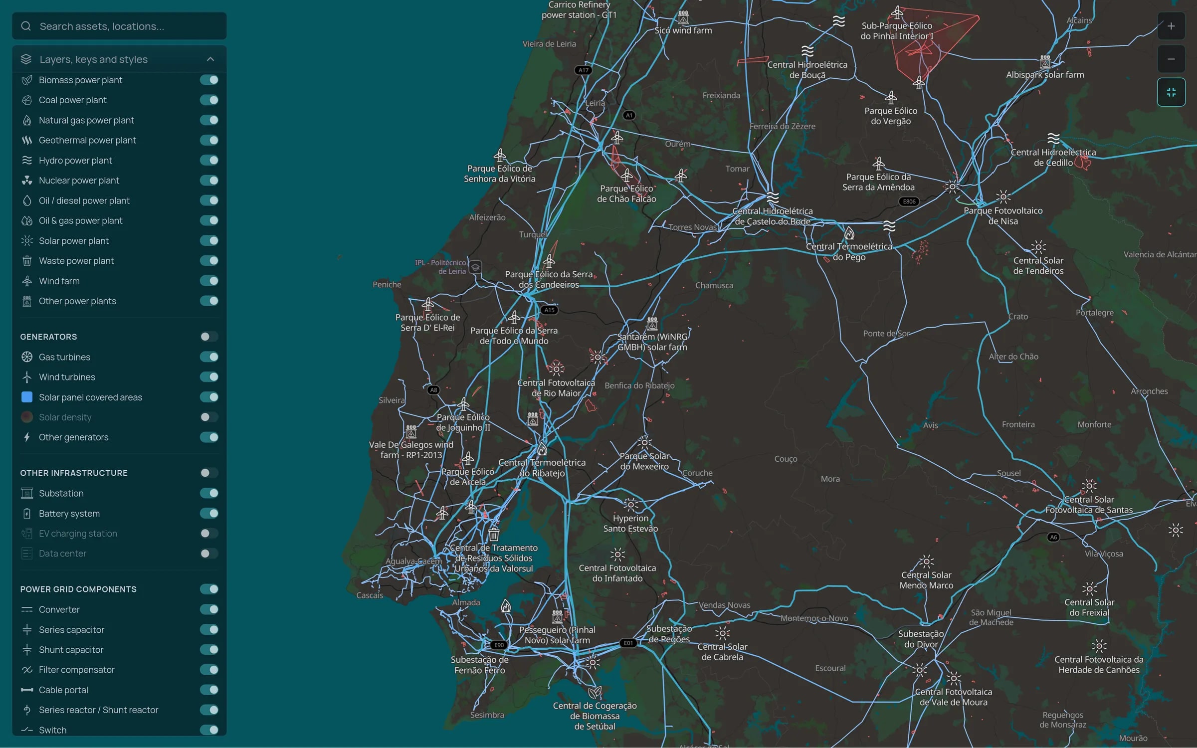 Tera power grid map of central Portugal from Leiria to Setúbal with the layers panel open: transmission lines and substations around Lisbon, and named wind farms, solar plants, hydro and thermal power stations with their site outlines