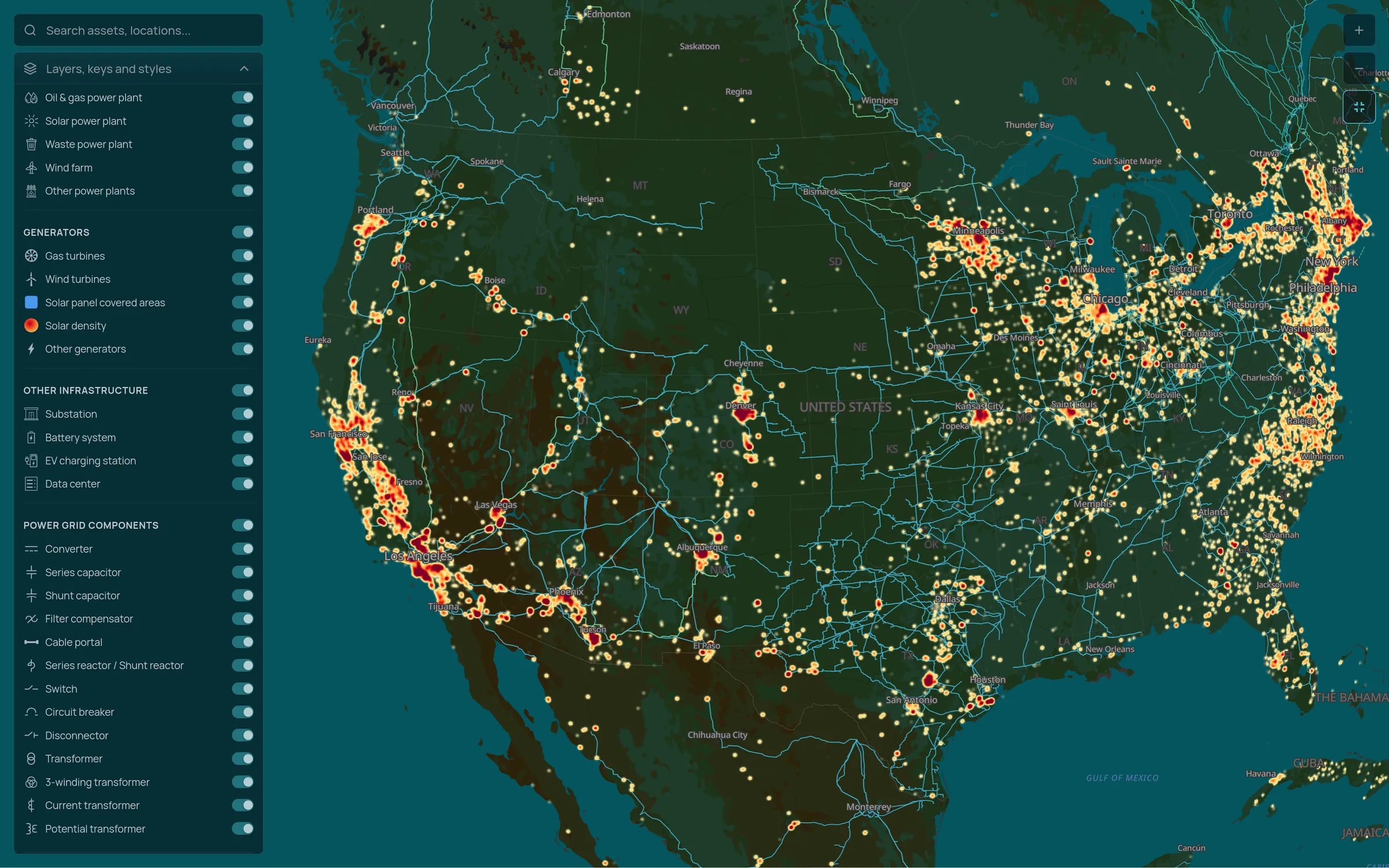 Tera power grid map of the contiguous United States and southern Canada with the layers panel open: transmission lines across the country, the solar density heat map glowing around California, Texas and the East Coast, and power plants clustered around the major cities